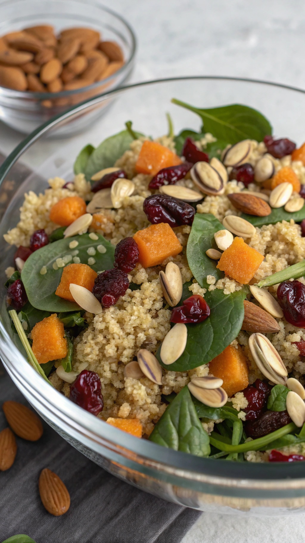 A colorful quinoa salad with spinach, butternut squash, cranberries, and nuts in a glass bowl.