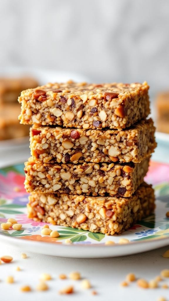 A stack of crunchy quinoa snack bars on a colorful plate, showcasing their nutty texture.