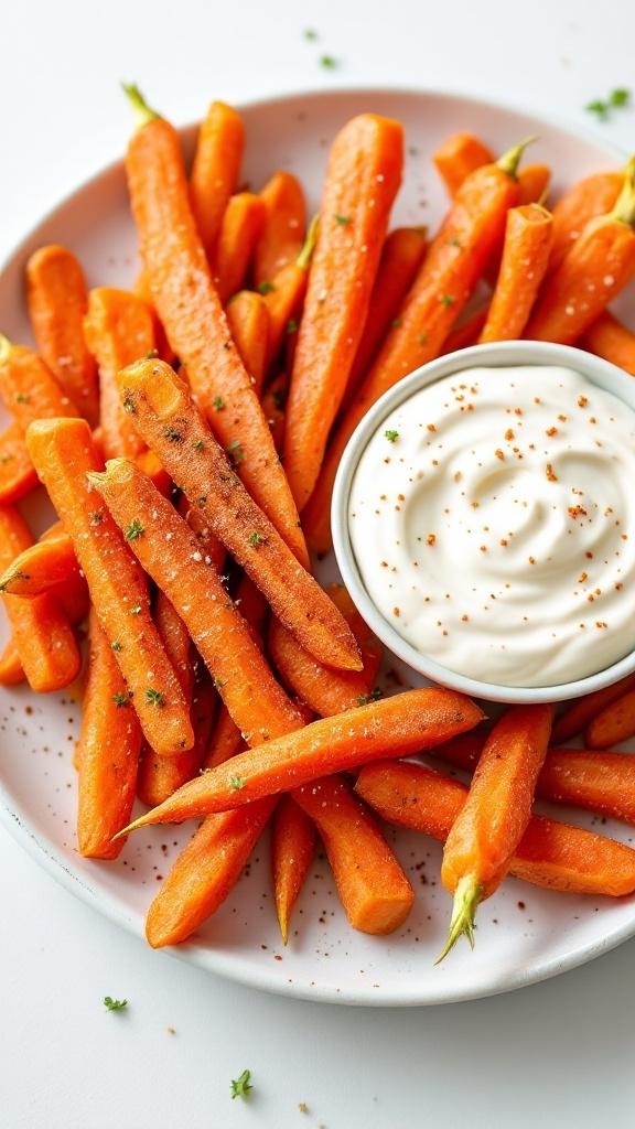 Plate of crunchy spiced carrot sticks with a creamy dip