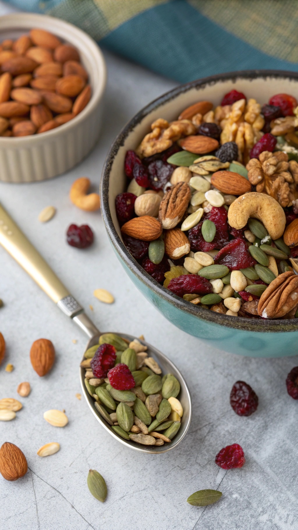 A bowl of crunchy trail mix with nuts, seeds, and dried fruits.