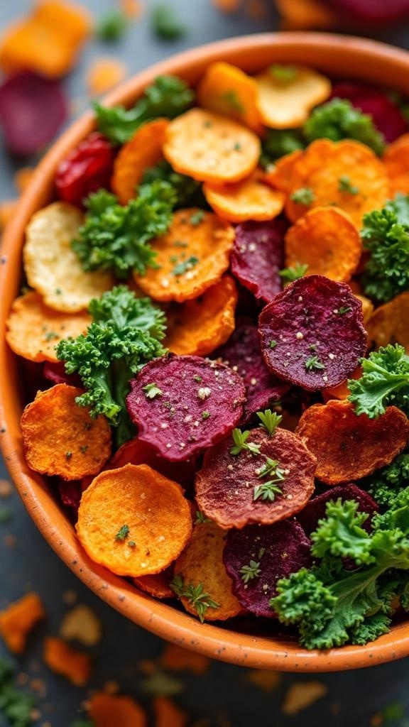 A bowl of colorful veggie chips made from sweet potatoes, beets, and carrots, garnished with fresh herbs.