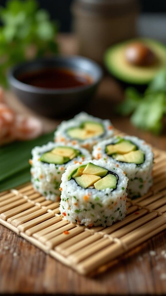 Cucumber and avocado sushi rolls on a bamboo mat with dipping sauce in the background