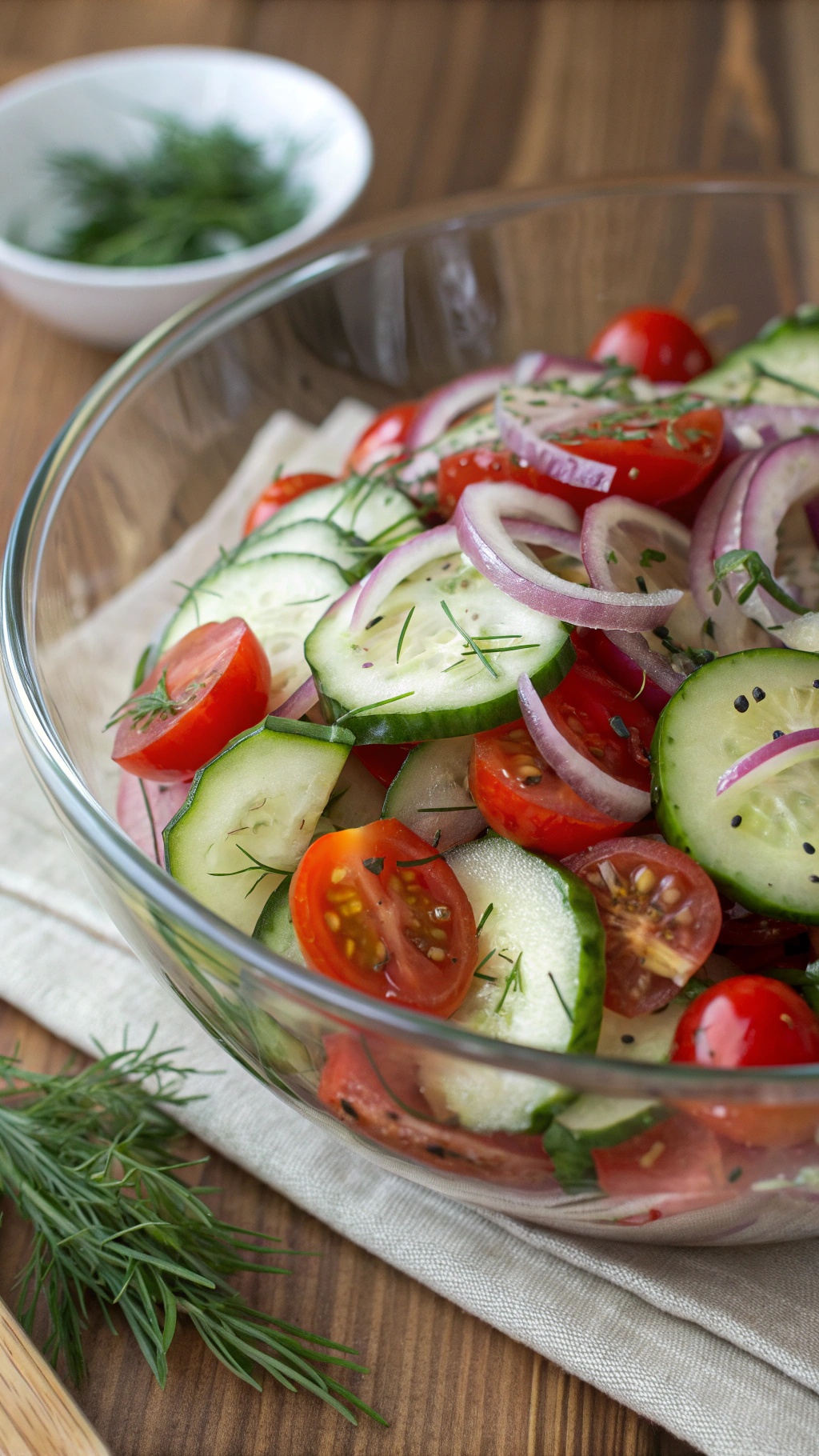 A bowl of cucumber and tomato salad with red onions and dill.