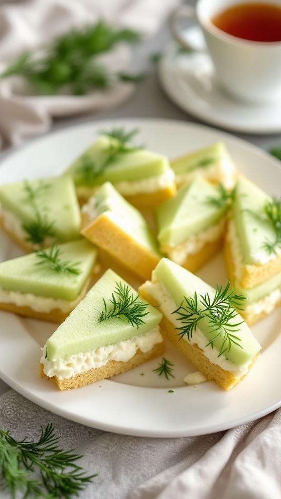 A plate of cucumber sandwiches garnished with dill, served with a cup of tea.