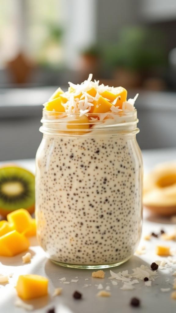 A jar of coconut chia pudding topped with diced mango and shredded coconut, surrounded by fresh fruit.