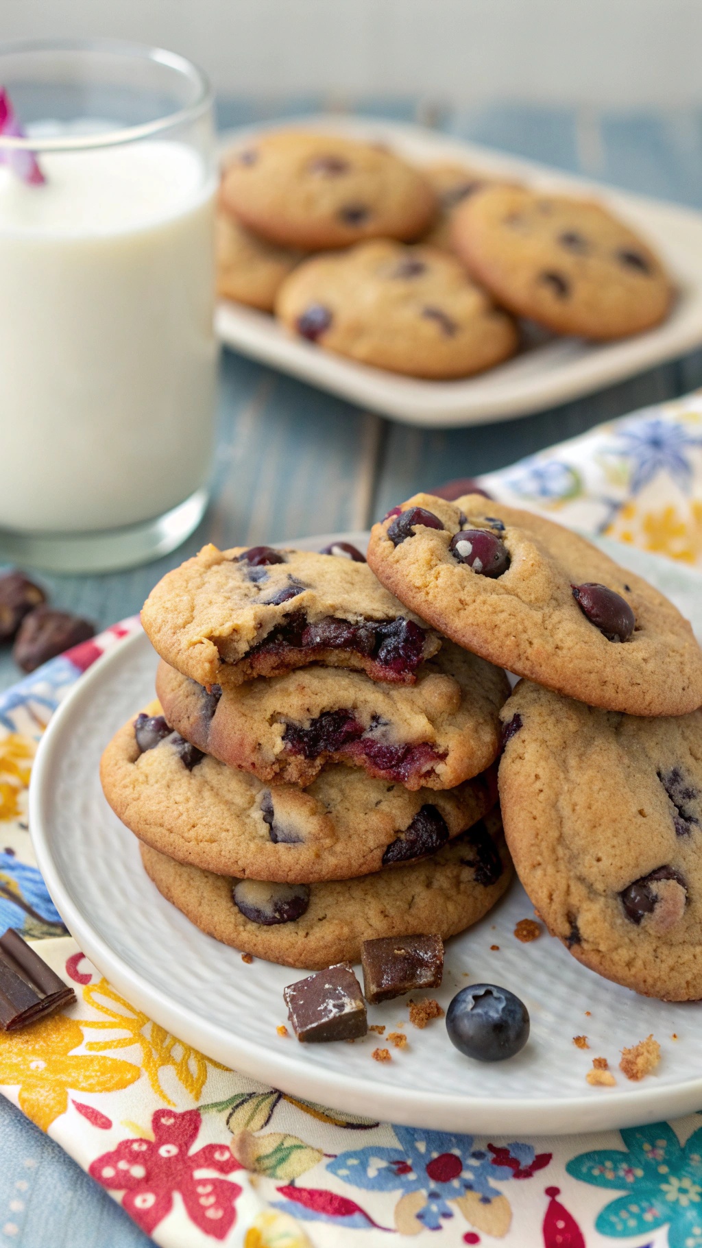 A stack of blueberry chocolate chip cookies on a plate with a glass of milk in the background.