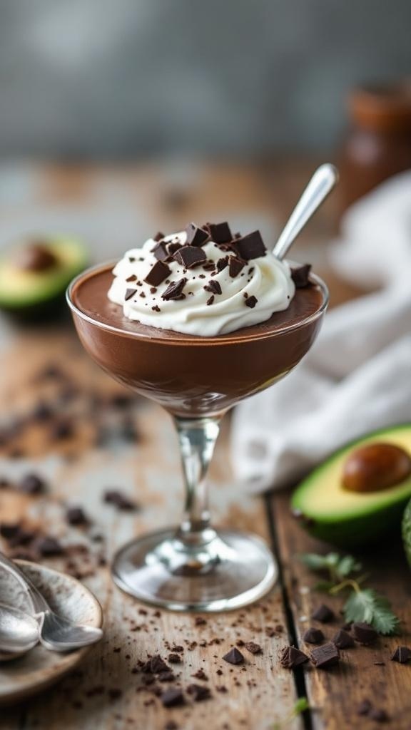 A glass of chocolate avocado mousse topped with whipped cream and chocolate shavings, with avocados in the background.