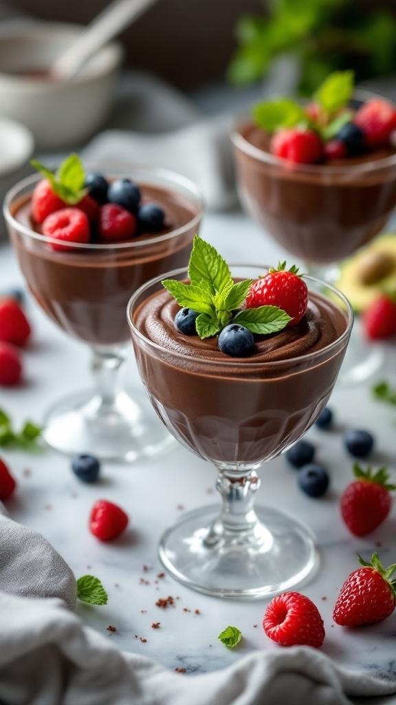 Chocolate avocado mousse topped with fresh berries and mint leaves in glass cups