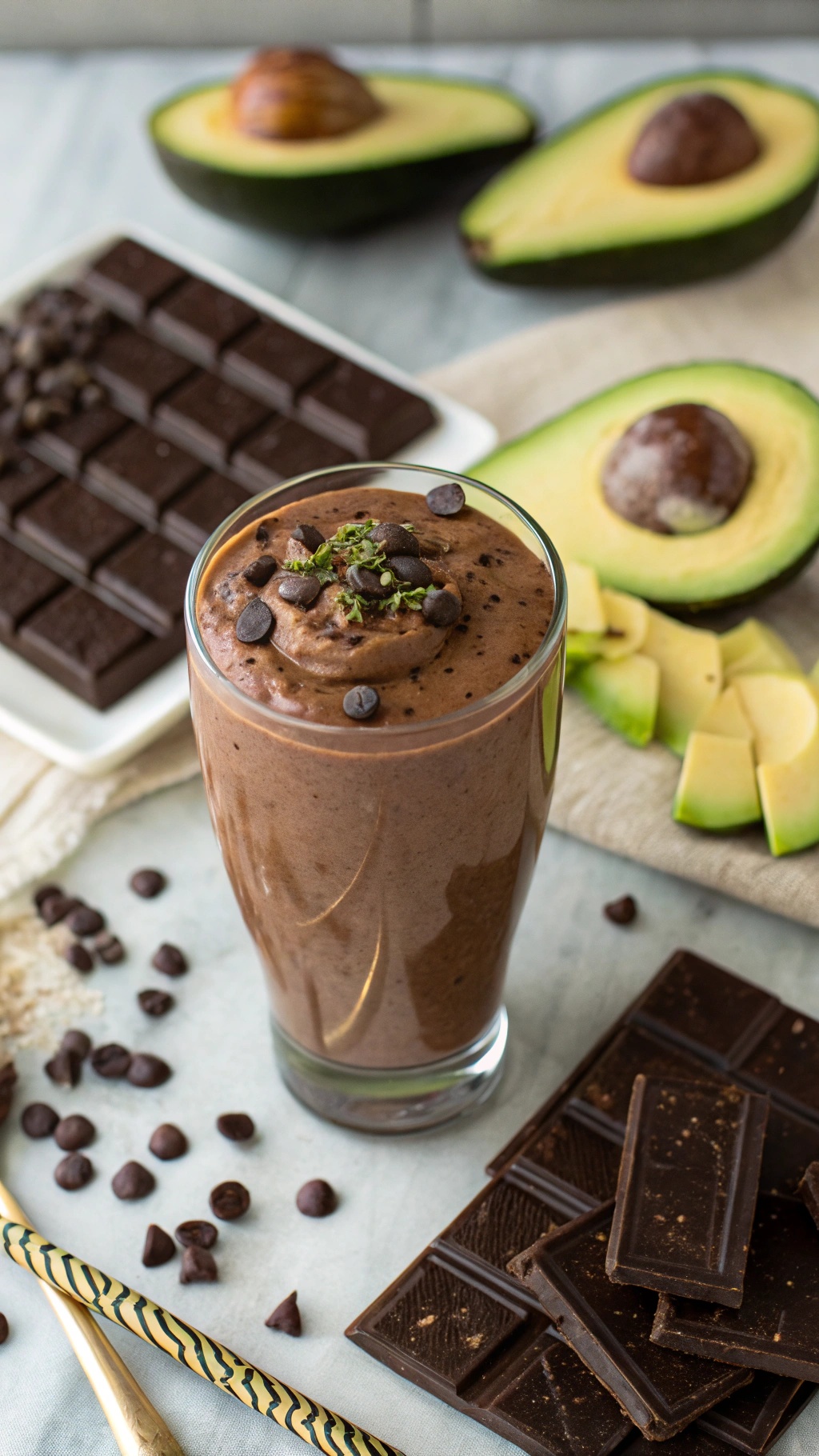 A chocolate avocado smoothie topped with chocolate chips and mint leaves, surrounded by avocados and chocolate bars.
