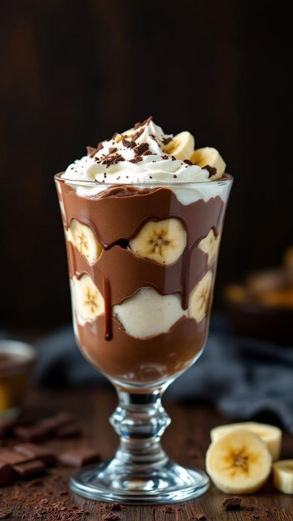 A delicious chocolate banana pudding parfait in a glass, topped with whipped cream and banana slices.