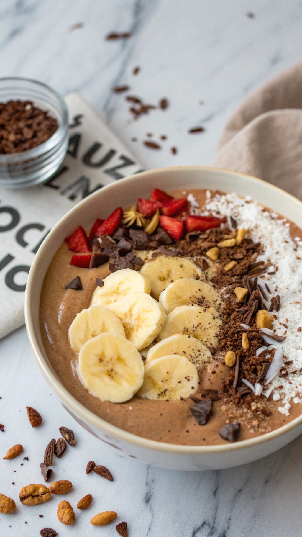 A delicious chocolate banana smoothie bowl topped with banana slices, strawberries, nuts, and chocolate chips.