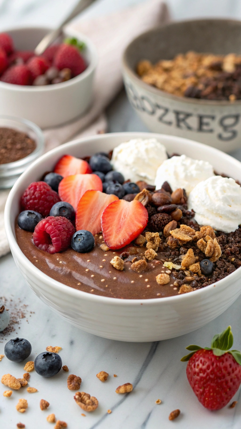 A delicious chocolate berry smoothie bowl topped with strawberries, blueberries, raspberries, granola, and whipped cream.