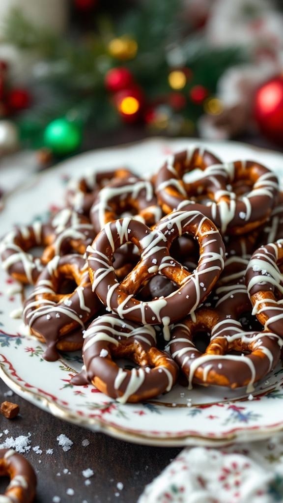 A plate of chocolate covered pretzels drizzled with white chocolate and sprinkled with sea salt.