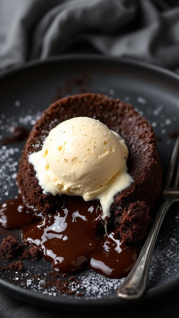 Chocolate lava cake with vanilla ice cream melting on top, served on a black plate.