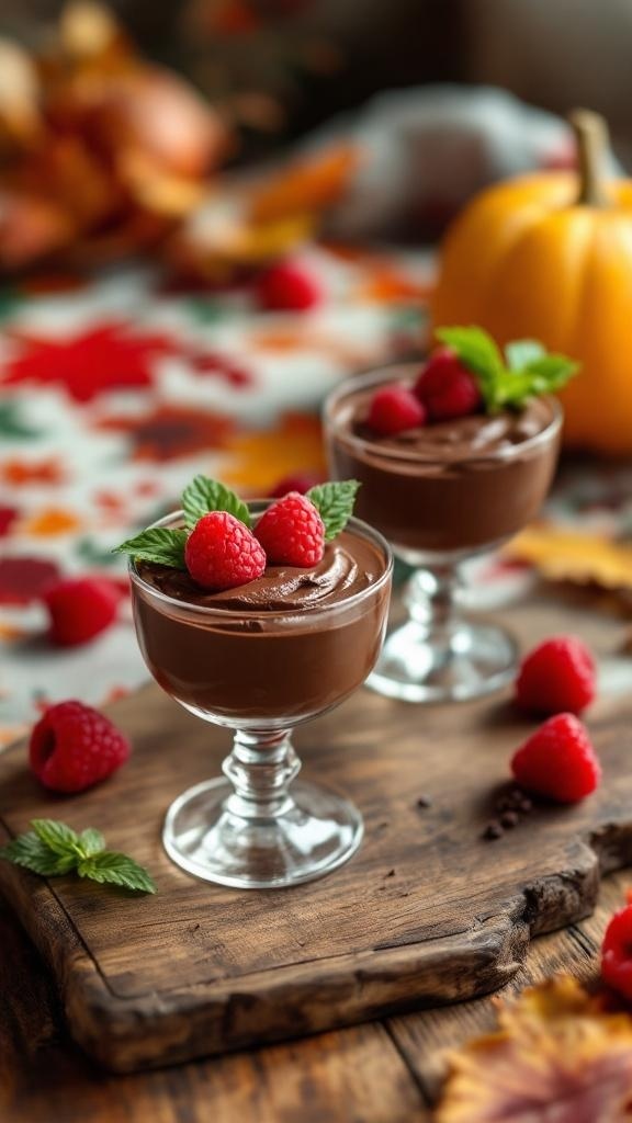 Chocolate mousse cups topped with raspberries and mint leaves on a wooden board