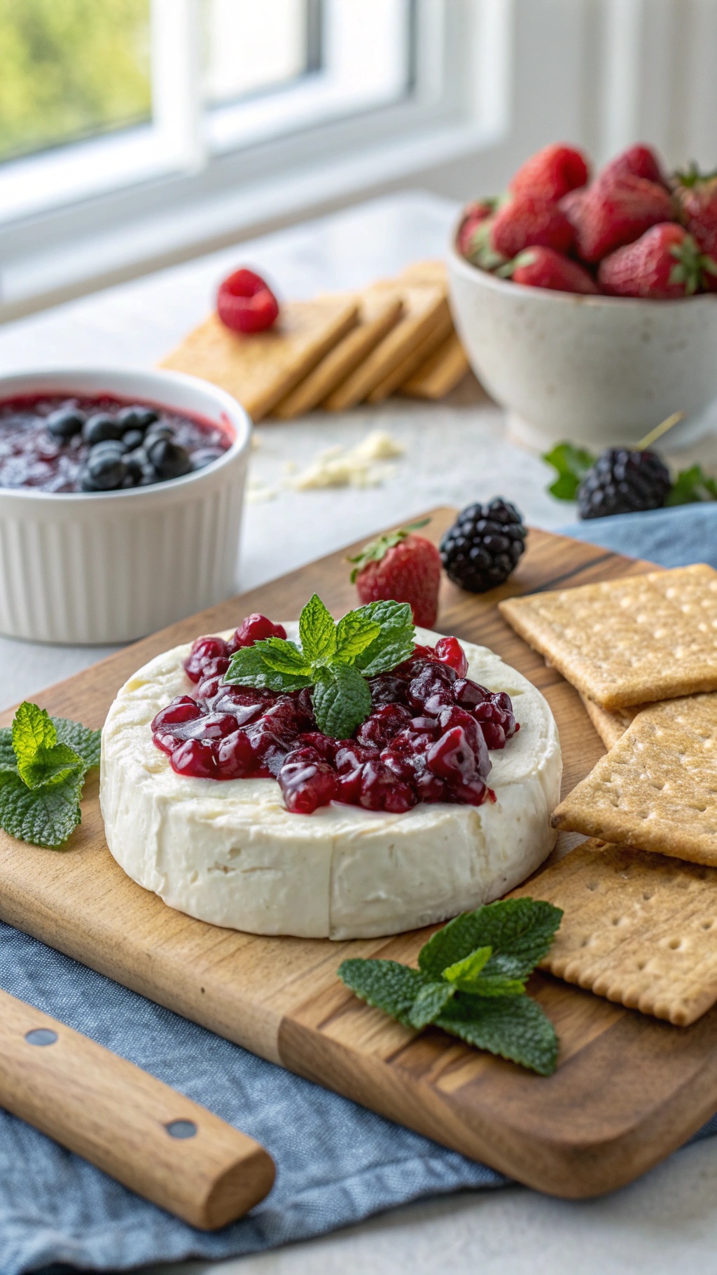 Cream cheese topped with wildberry jam on a wooden board, surrounded by crackers and fresh berries.