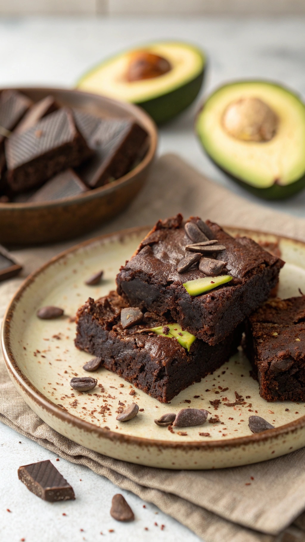 A plate of dark chocolate avocado brownies with chocolate chips, surrounded by fresh avocado halves.