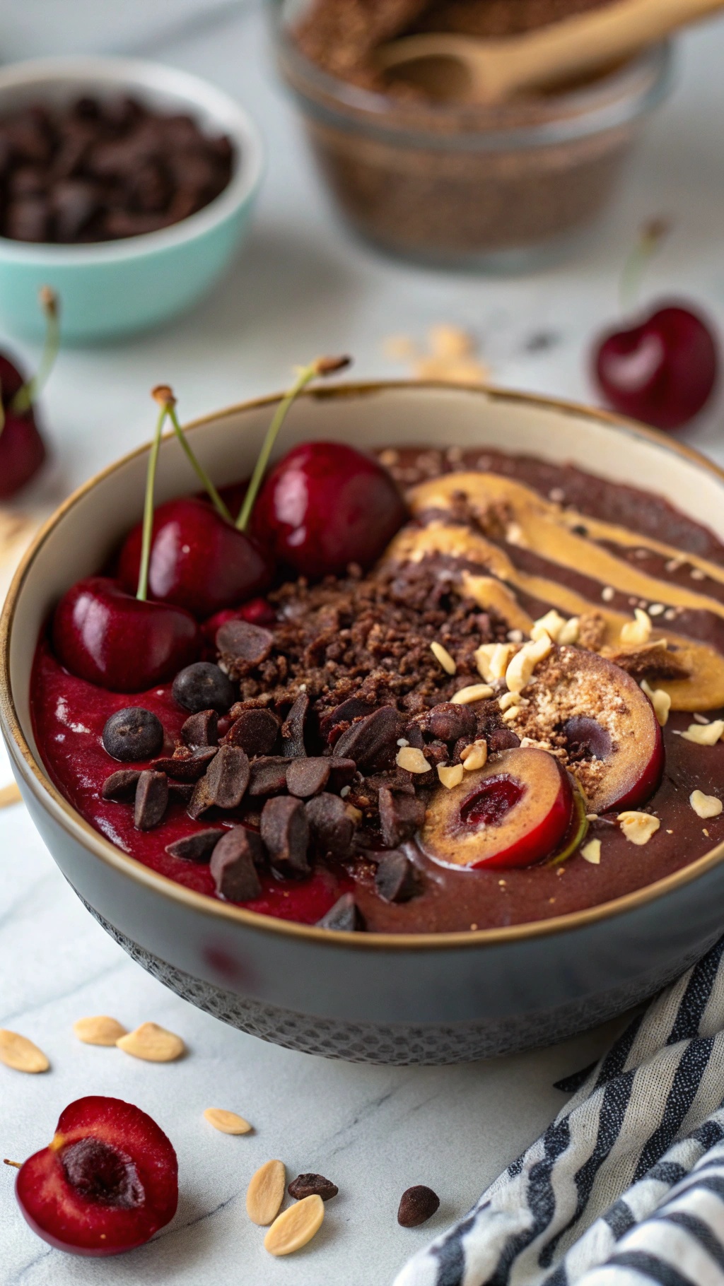 A chocolate cherry protein bowl topped with fresh cherries, chocolate chips, and nuts.