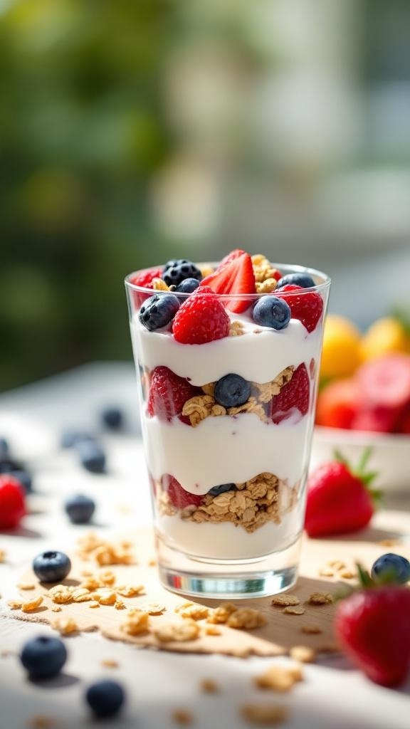 A glass of Greek yogurt parfait with layers of yogurt, granola, and fresh berries.