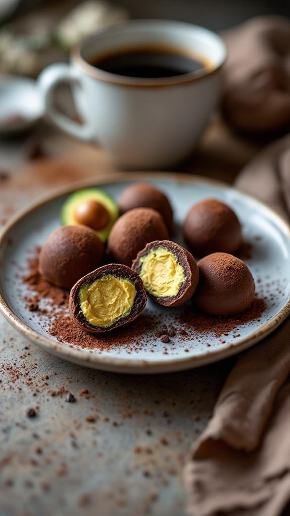 A plate of avocado chocolate truffles, some cut in half, showcasing the creamy filling, with a cup of coffee in the background.