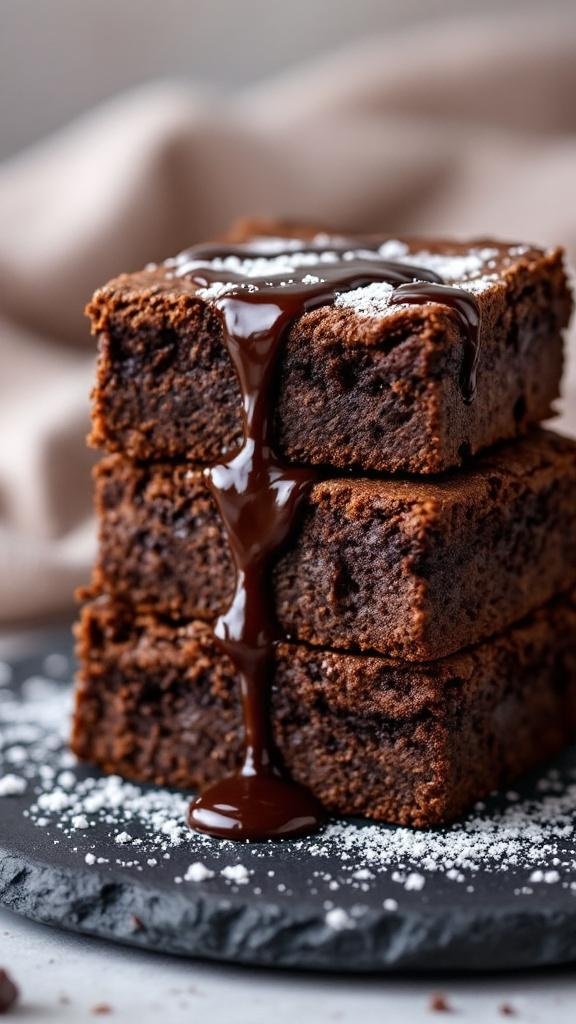 A stack of fudgy keto brownies drizzled with chocolate sauce, dusted with powdered sugar.