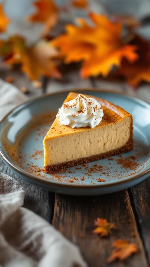 A slice of keto pumpkin cheesecake topped with whipped cream and cinnamon, set against a backdrop of autumn leaves.