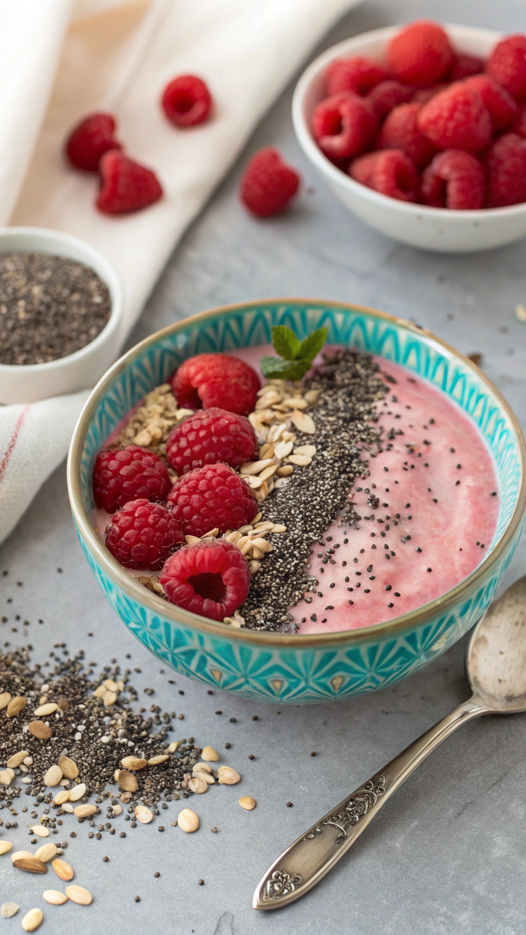 A vibrant raspberry chia smoothie bowl topped with fresh raspberries, chia seeds, and oats.