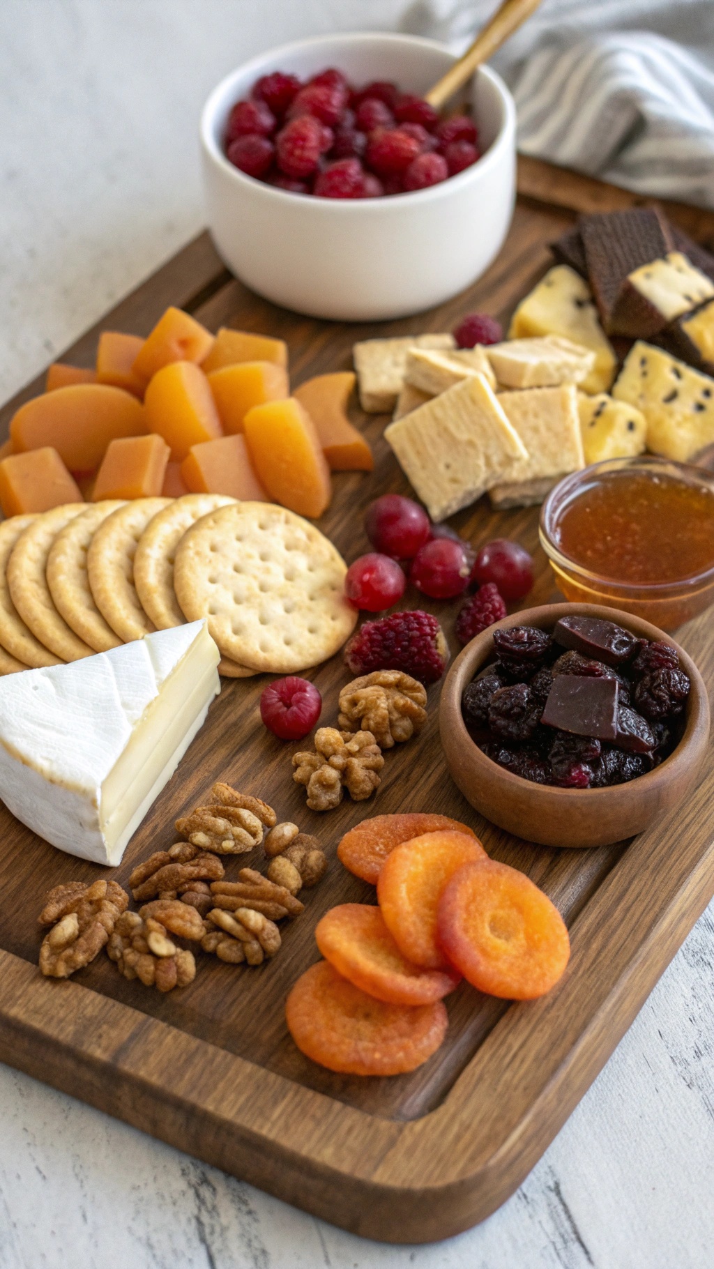 A beautifully arranged cheese board with brie cheese, crackers, dried apricots, fresh raspberries, walnuts, honey, and dark chocolate.