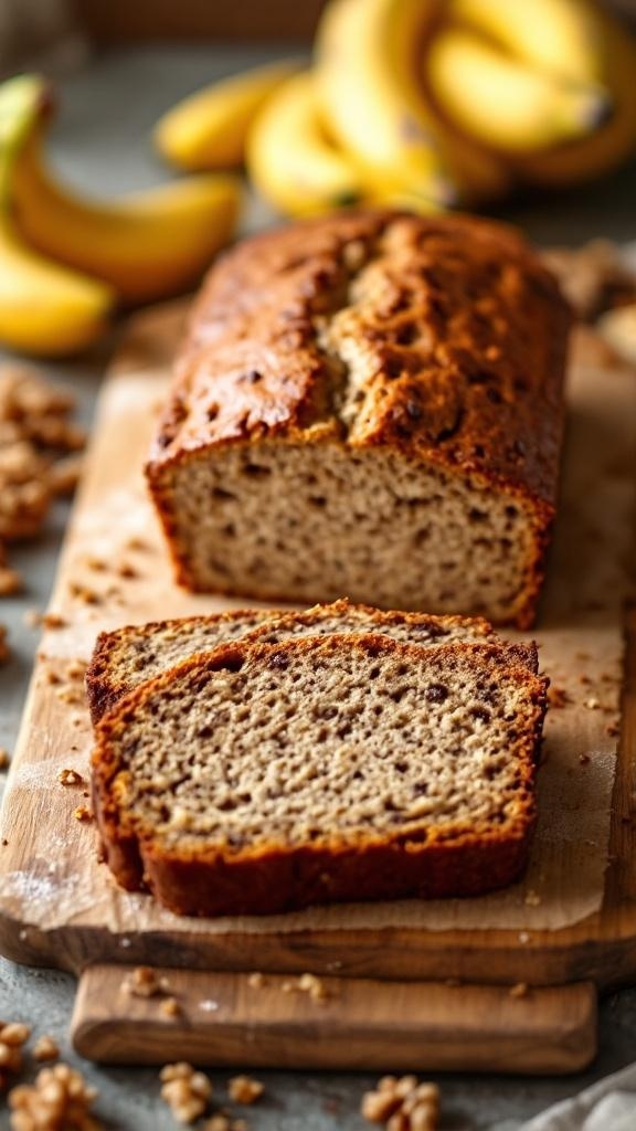A loaf of freshly baked vegan banana bread with slices cut, surrounded by bananas and walnuts.