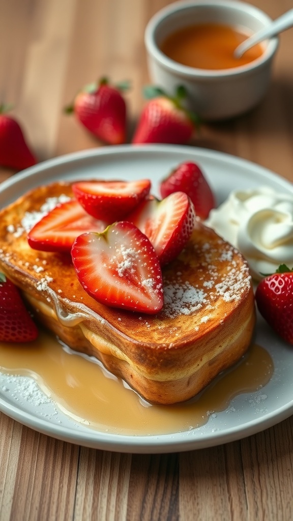 Vegan French toast topped with strawberries and syrup