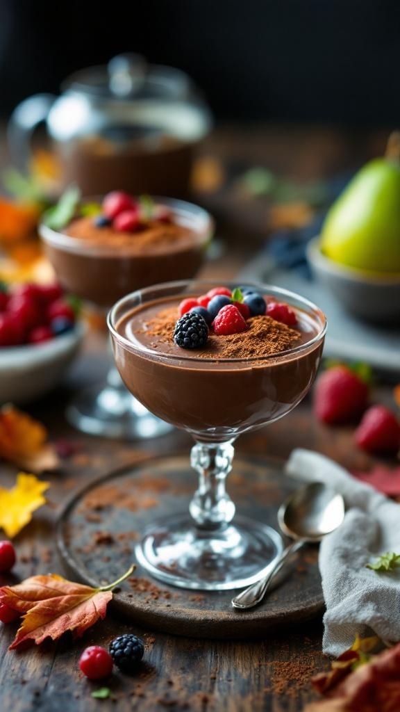 A rich avocado chocolate mousse topped with fresh berries, served in elegant cups on a wooden table.