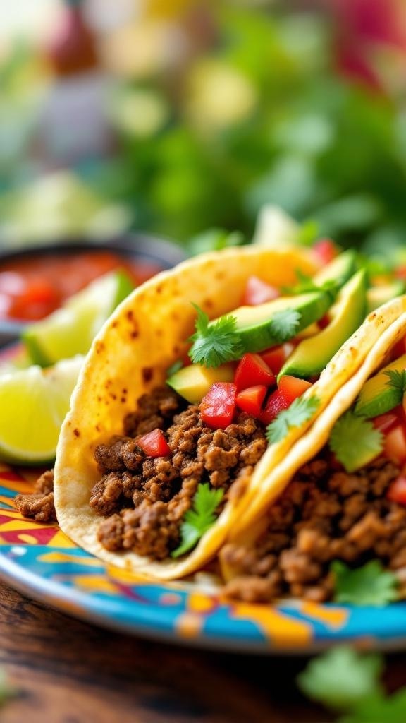 Two beef tacos filled with ground beef, diced tomatoes, avocado, and cilantro on a colorful plate.