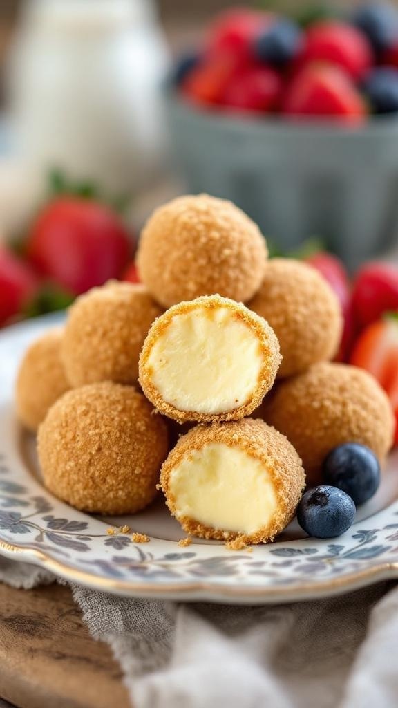 Plate of no-bake cheesecake bites with fresh berries in the background