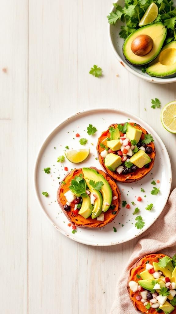 Sweet potato bites topped with avocado, tomatoes, and cilantro on a white plate