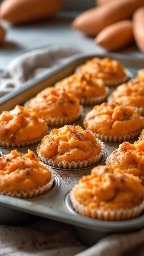 Freshly baked sweet potato muffins in a muffin tin, topped with cinnamon.