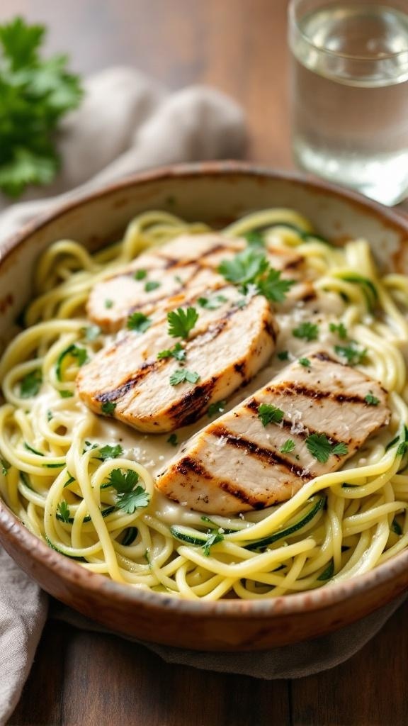 A bowl of Chicken Alfredo with grilled chicken slices on top of creamy pasta, garnished with parsley.