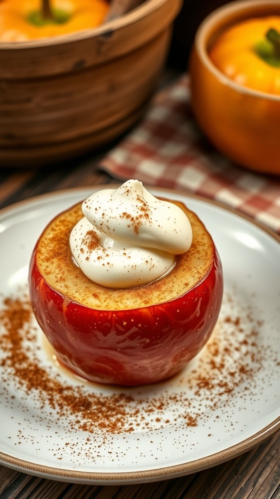 A baked apple topped with whipped cream and cinnamon on a plate.