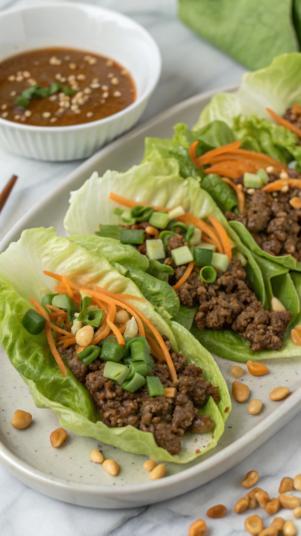 Asian-inspired beef lettuce wraps with ground beef, carrots, and green onions on a plate.