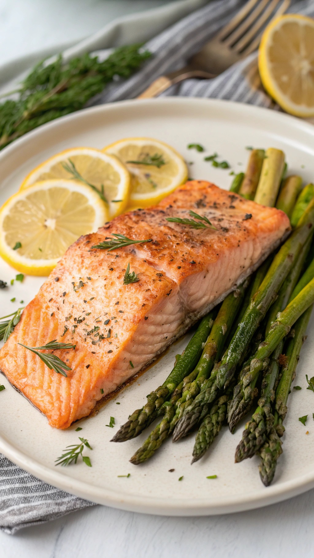 Baked salmon fillet with asparagus and lemon slices on a plate