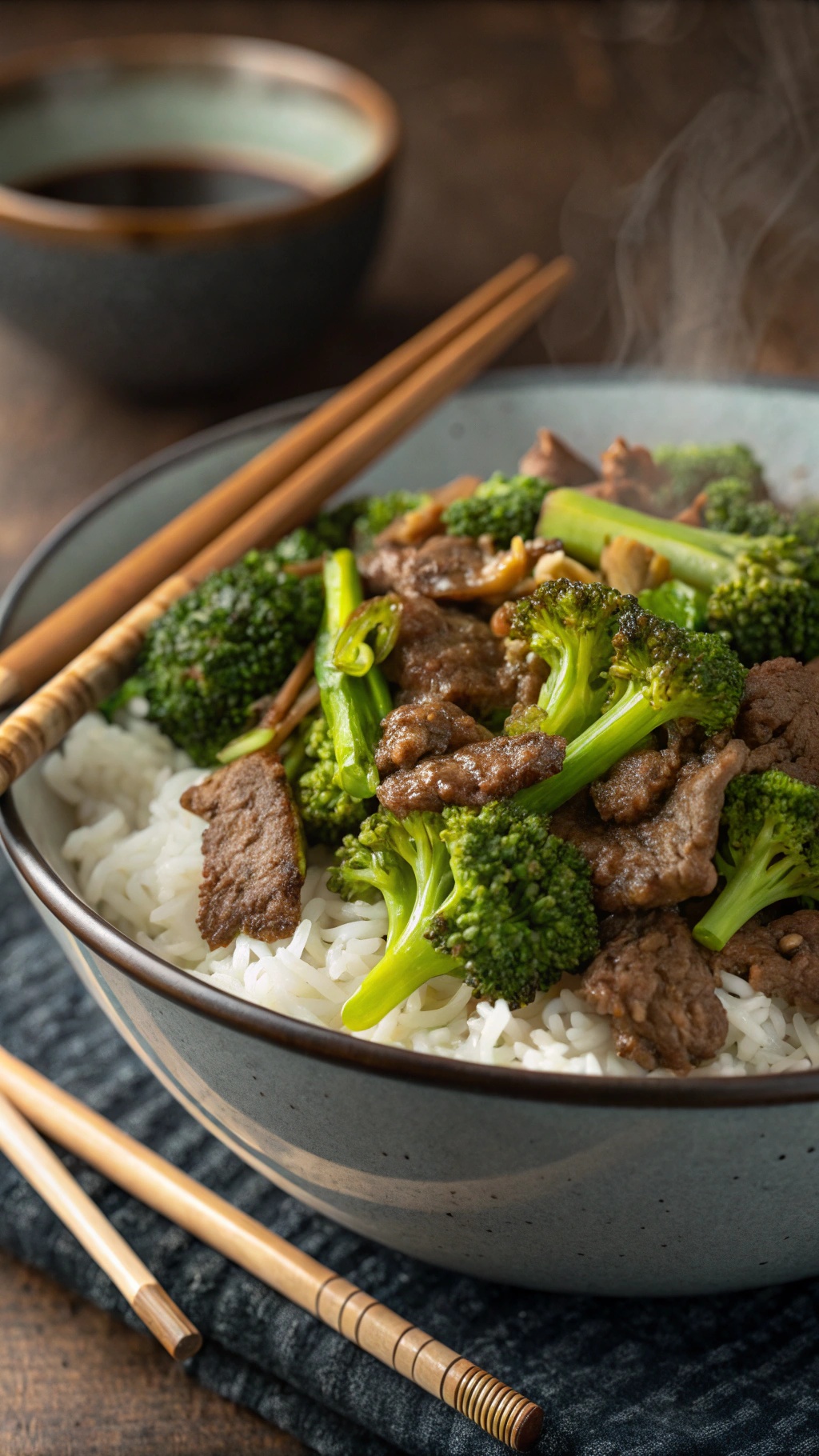 A bowl of beef and broccoli served over rice with chopsticks