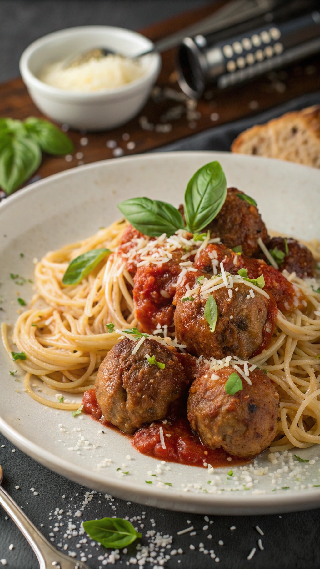 A plate of spaghetti topped with beef meatballs and marinara sauce, garnished with basil and cheese.