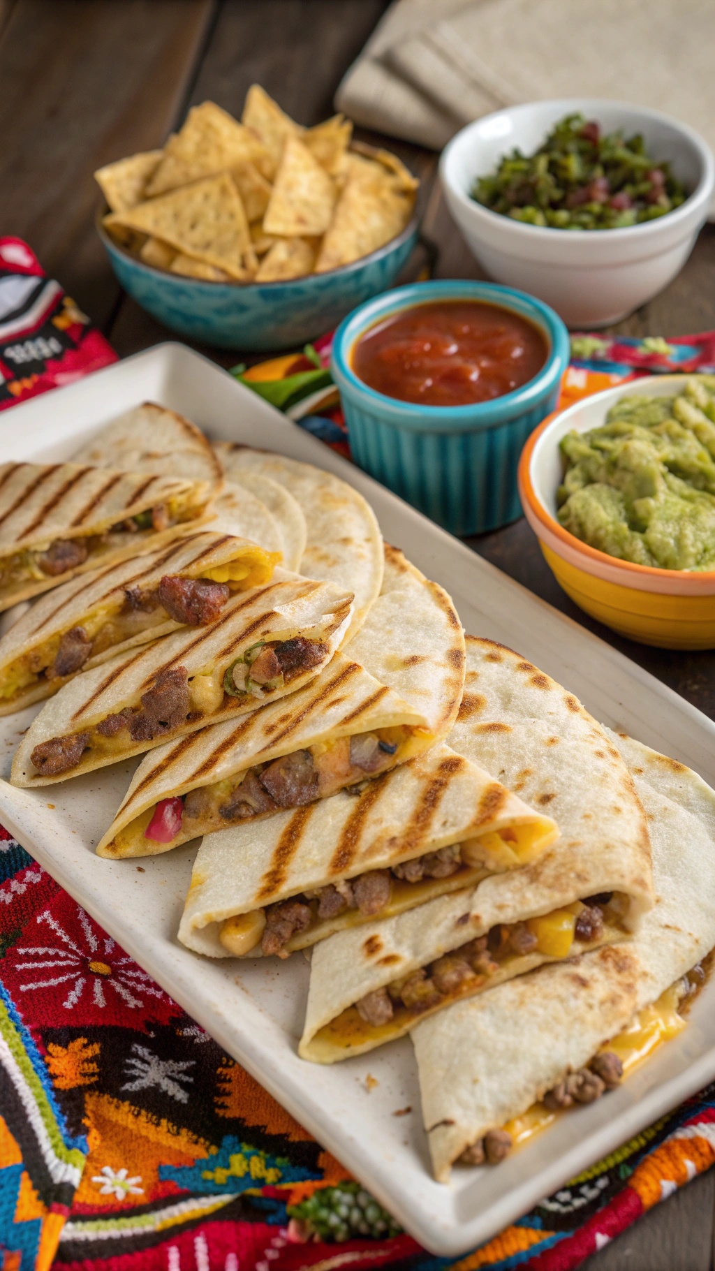 Delicious beef quesadillas served with salsa, guacamole, and tortilla chips.