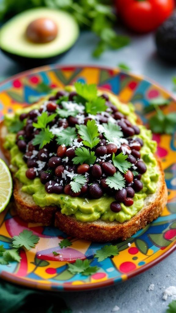 A colorful plate of black bean and avocado toast topped with cilantro.