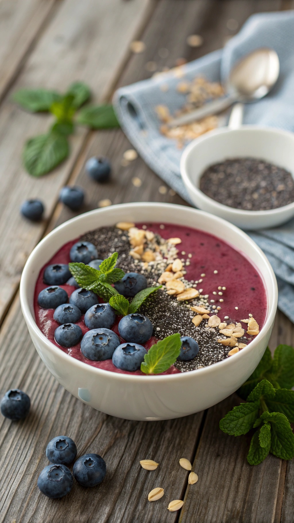 A delicious blueberry chia smoothie bowl topped with fresh blueberries, chia seeds, and mint leaves on a wooden table.