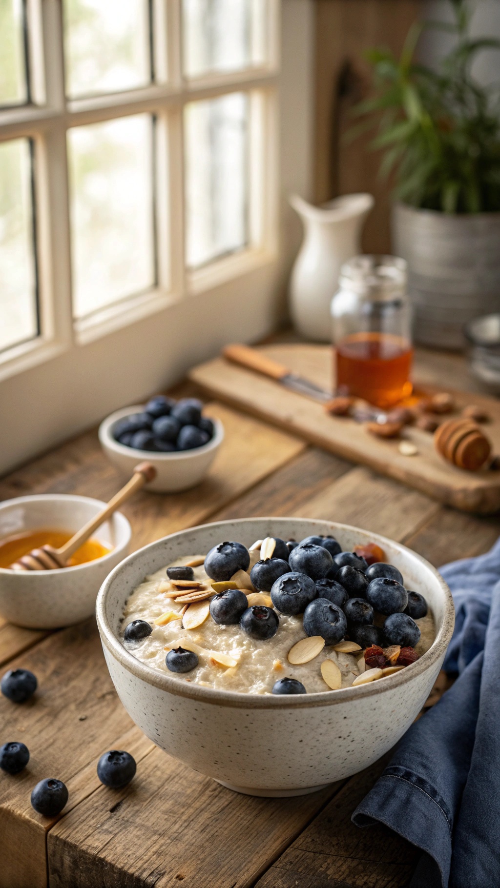 A bowl of blueberry overnight oats topped with fresh blueberries and almonds, with honey and more blueberries in the background.