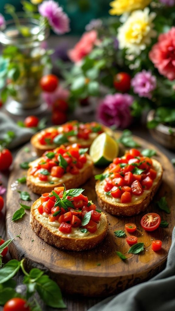 A wooden board with toasted bread topped with diced tomatoes and basil, surrounded by cherry tomatoes and colorful flowers.