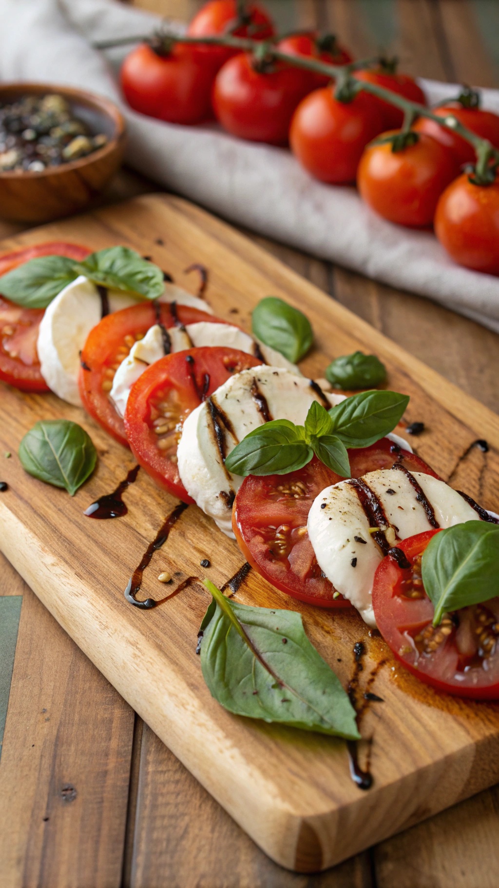 A delicious Caprese salad with fresh mozzarella, tomatoes, and basil on a wooden board.