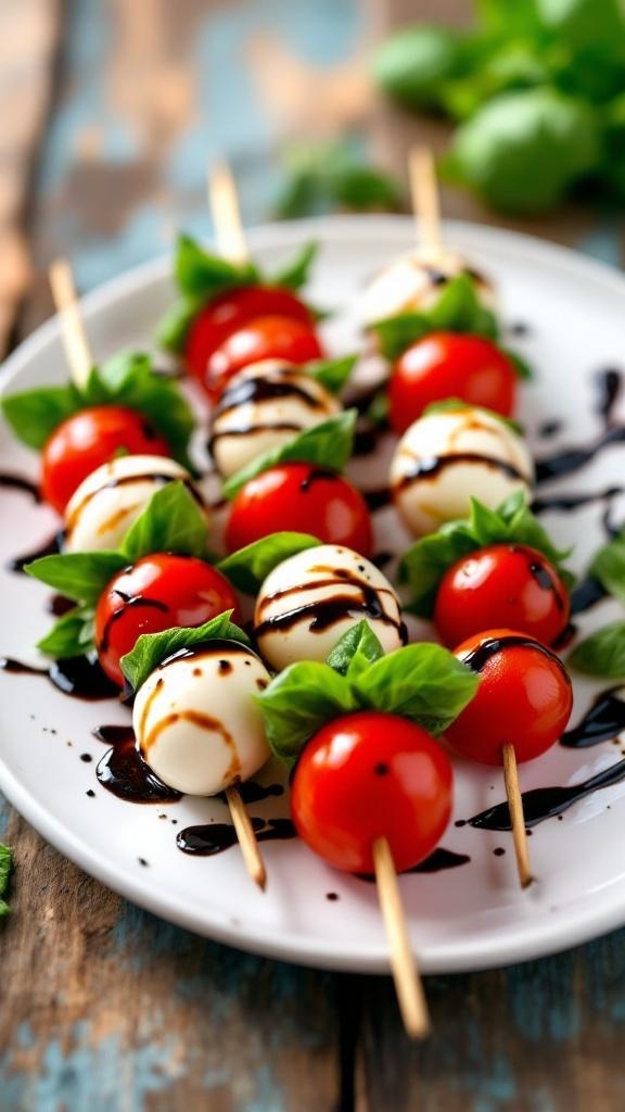 Plate of Caprese skewers with cherry tomatoes, mozzarella balls, and basil drizzled with balsamic glaze.