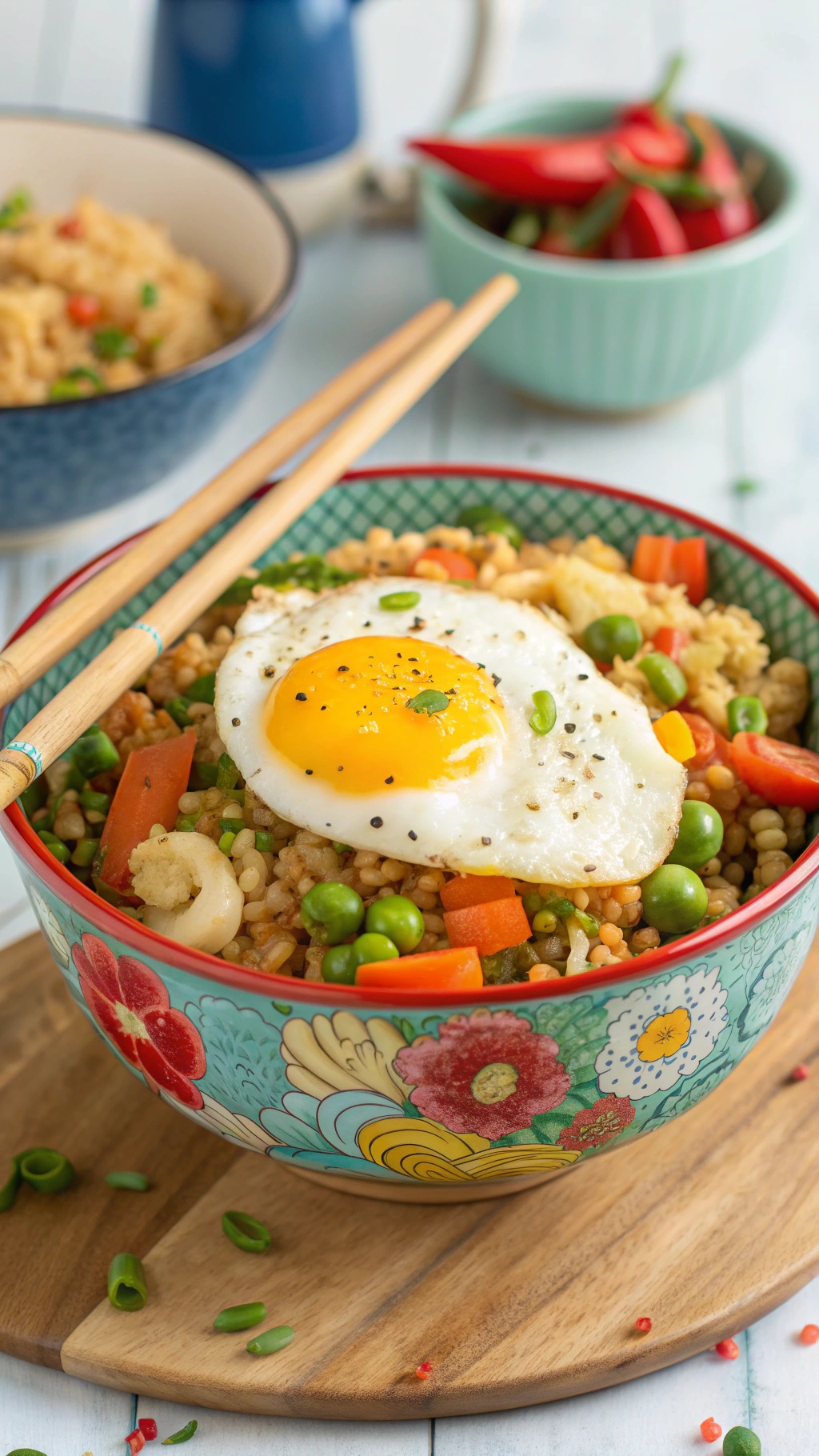 A bowl of cauliflower fried rice topped with a fried egg and colorful vegetables.