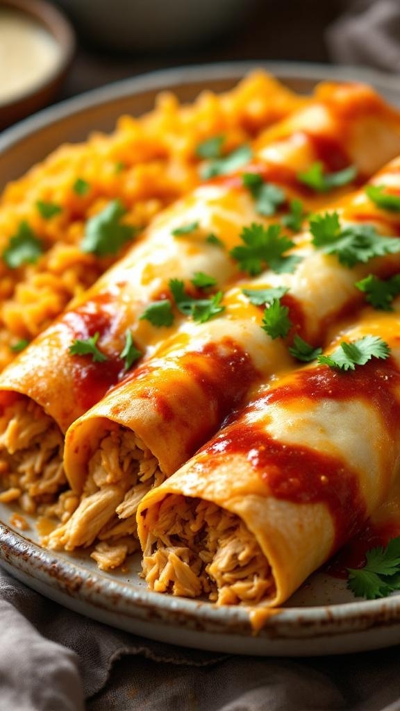 A plate of chicken enchiladas topped with red sauce and cilantro, served with cheesy rice.